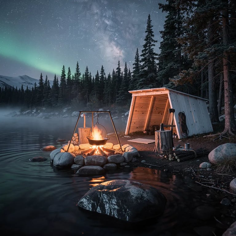 A quiet Alaska lake ripples in the dark, with a big granite rock by the shore and a thin mist drifting low. A white wooden lean-to sits under tall spruce trees, lit by the warm glow of a crackling fire. A skillet hangs over the flames, and an axe is stuck in a weathered stump. Above it all, the Milky Way stretches across a clear, cold sky.