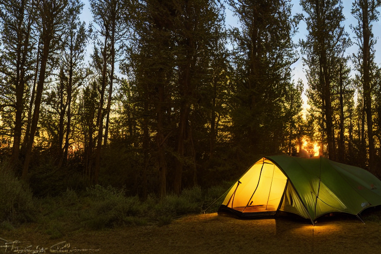 A forest-green tent rests in a quiet dirt clearing in Monument Valley. Its warm flashlight glow shines through the open entrance as ferns, berry bushes, and tall greenery surround the campsite.