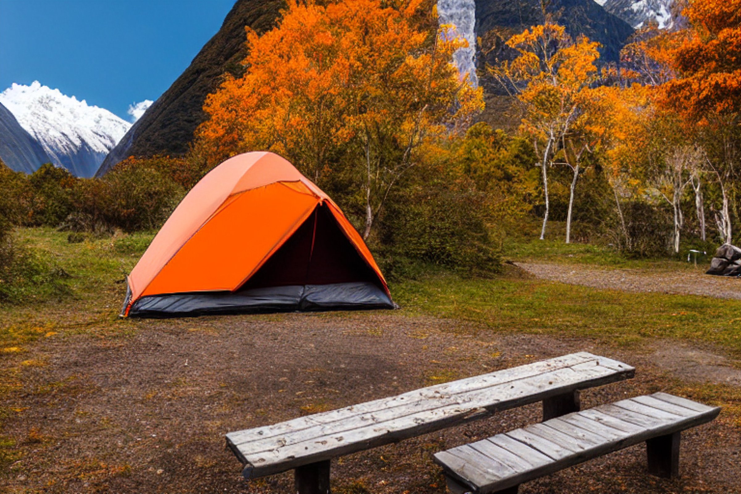 A gray and orange tent rests beside a warm campfire on a quiet dirt campsite. Fall-colored trees, a picnic table, and a parking spot sit beneath the tall mountains of Milford Sound. Cloudy skies give the scene a cool, peaceful feel.