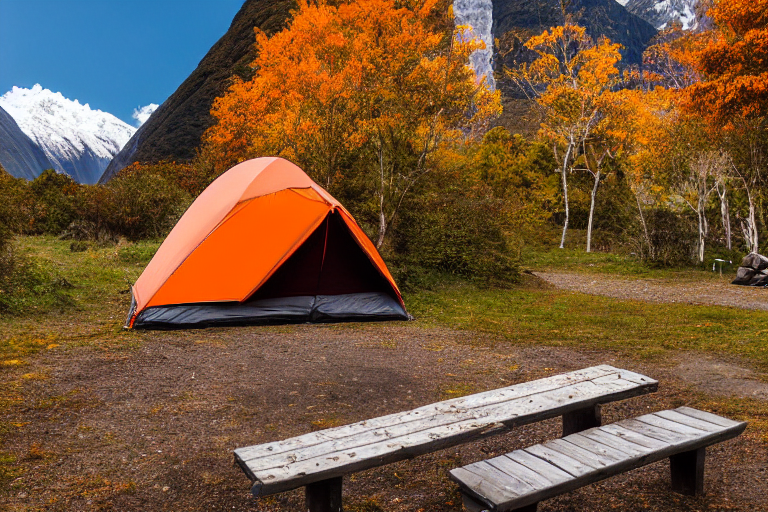 A gray and orange tent rests beside a warm campfire on a quiet dirt campsite. Fall-colored trees, a picnic table, and a parking spot sit beneath the tall mountains of Milford Sound. Cloudy skies give the scene a cool, peaceful feel.