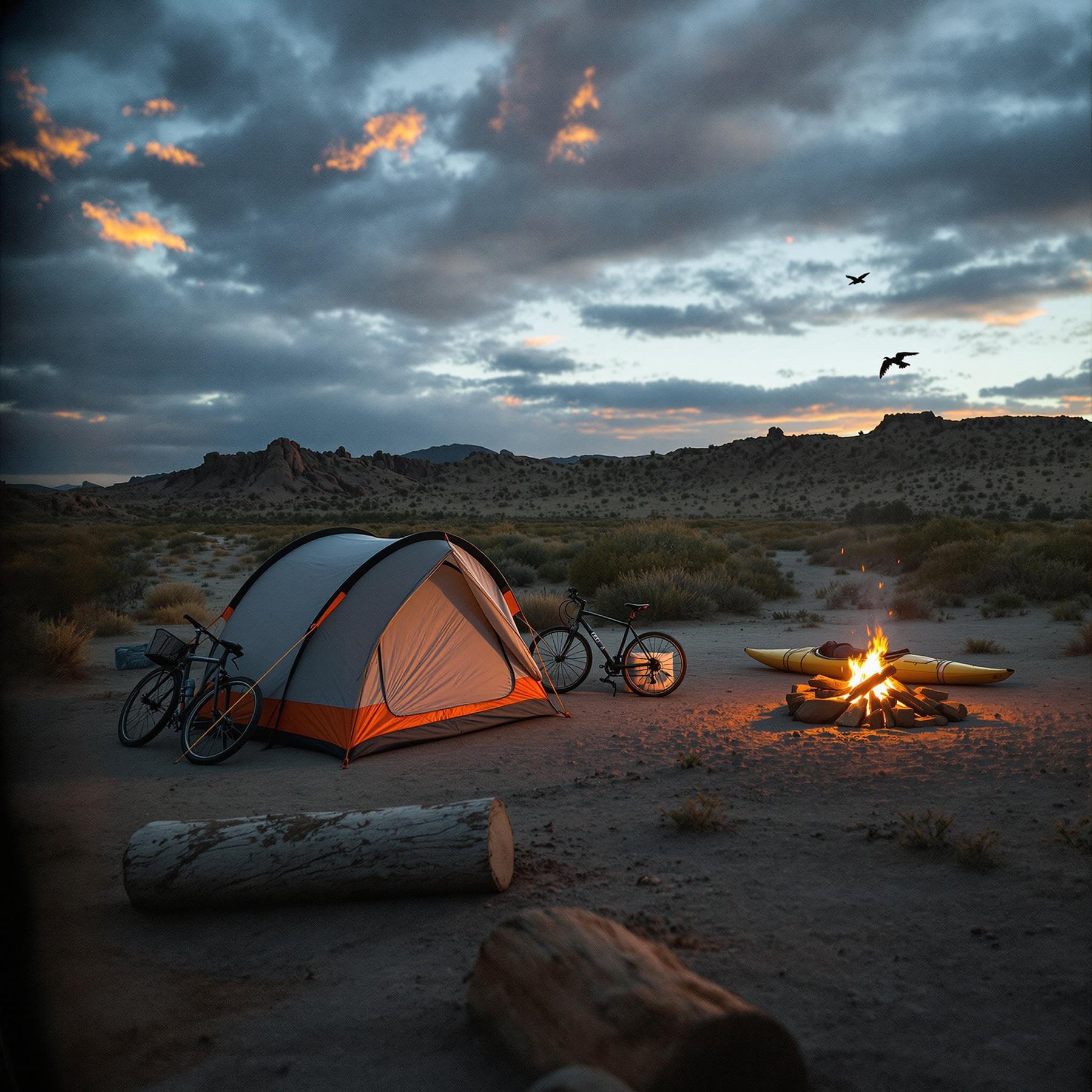 Under a sky full of colorful clouds, a cozy tent glows near a crackling campfire. Bikes rest beside the tent, ready for adventures in the wide desert. Birds fly high above, adding to the peaceful evening scene.