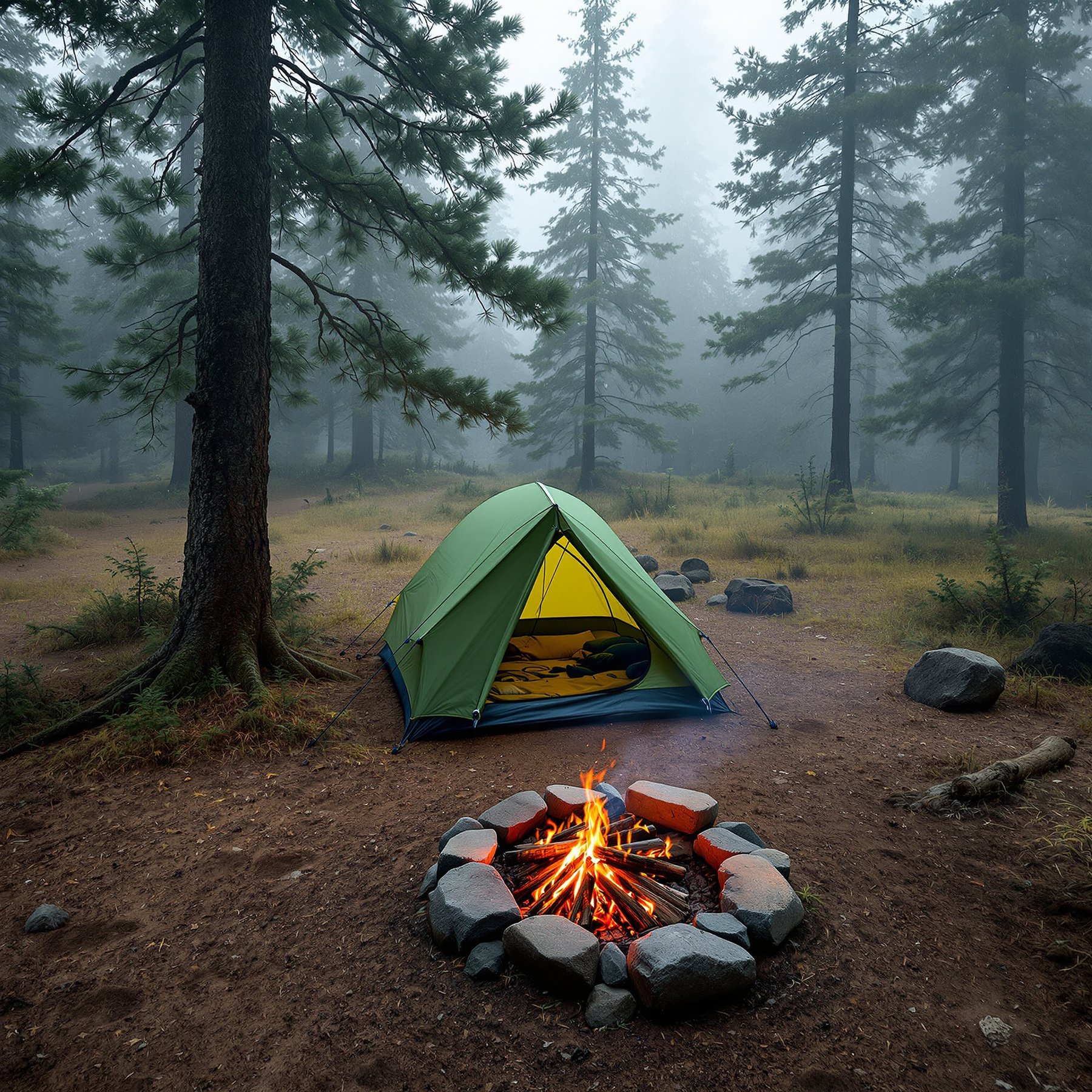 A cozy tent sits under tall pine trees, surrounded by soft mist. A warm campfire crackles nearby, making the forest feel calm and inviting. This campsite is perfect for a peaceful night in nature.