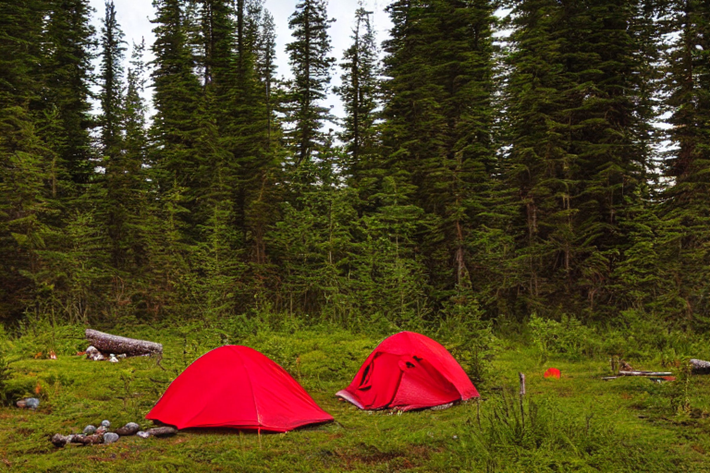 A red tent rests on a rugged campsite in the Alaska wilderness. Ferns, stones, and logs surround a warm campfire under a starry, cloudy sky.