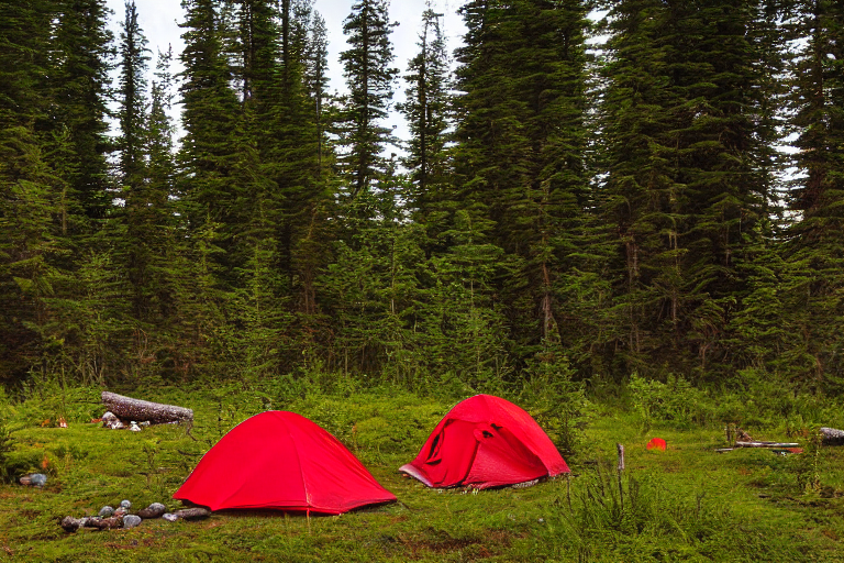 A red tent rests on a rugged campsite in the Alaska wilderness. Ferns, stones, and logs surround a warm campfire under a starry, cloudy sky.