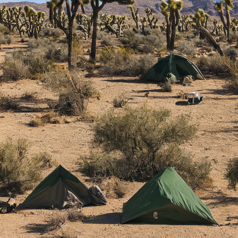 A green camo tent rests beside a paved campsite in Joshua Tree National Park. Large stone slabs and a box of camping gear sit nearby, while a deer stands quietly in the distance. The open desert feels peaceful under the night sky.