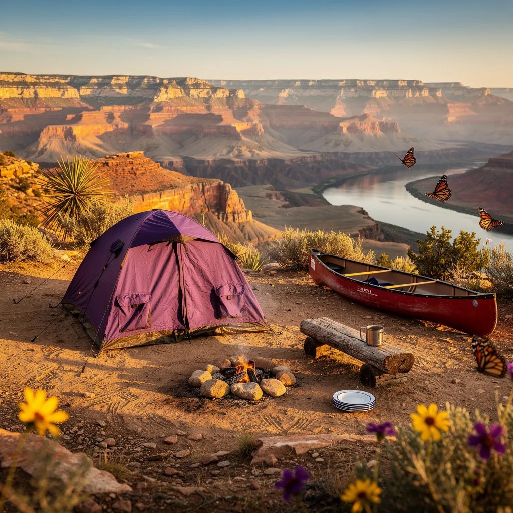 A purple canvas tent sits on the sunny canyon rim as warm golden light stretches long shadows across the dusty ground. Below, a calm river bends through the rocks, and a red canoe rests nearby. Wildflowers and drifting butterflies make the campsite feel quiet, bright, and full of wonder.