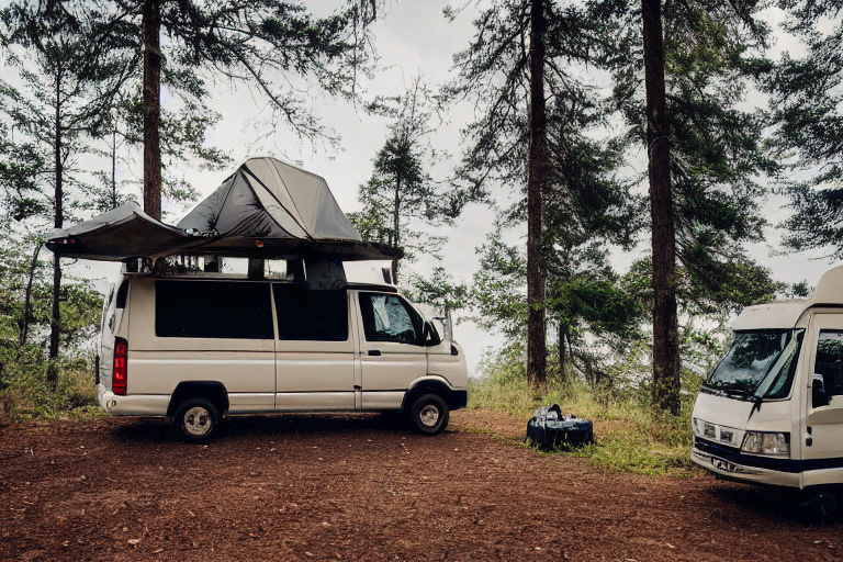 A black camper van rests on a mountain campsite beneath tall trees. A warm campfire glows beside a dirt clearing, with leaves scattered on the ground and a hammock tied between the trees. Cloudy night skies create a calm, cozy mood.
