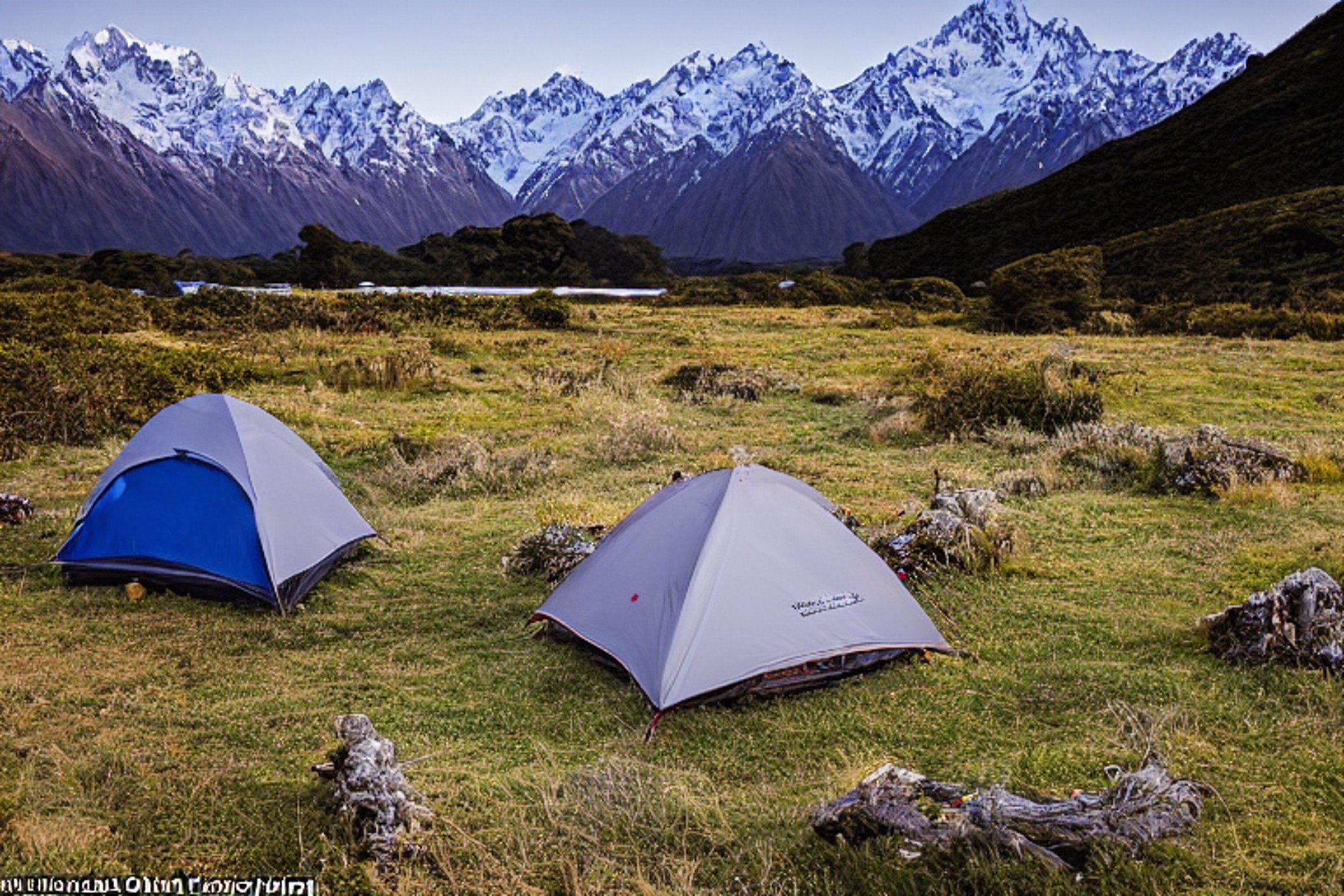 A cozy tent glows beside a warm campfire under a sky full of stars. Bushes and berry-covered plants surround the dirt campsite, with a large log nearby and the moon shining over Mount Cook National Park.