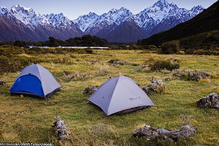 A cozy tent glows beside a warm campfire under a sky full of stars. Bushes and berry-covered plants surround the dirt campsite, with a large log nearby and the moon shining over Mount Cook National Park.