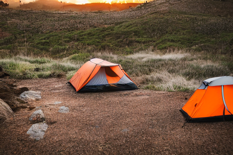 A gray and orange Subaru rests beside a cozy campfire on a grassy beach campsite. Snowy weather, a rooftop tent, hikers, and a mountain backdrop create a peaceful sunset scene.