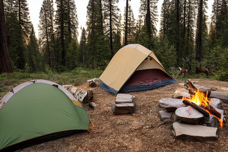 A tan tent rests on a quiet dirt clearing in Yosemite at dusk. A warm campfire glows among stone-ringed logs, while a gentle stream and distant deer add to the peaceful scene.