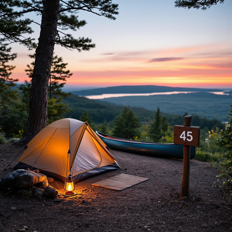 A cozy tent glows warmly under the shadow of tall trees, while a peaceful lake glistens in the sunset. A canoe rests nearby, ready for adventure, as the sky paints colors across the horizon. This tranquil spot invites stories by the campfire and dreams beneath the stars.