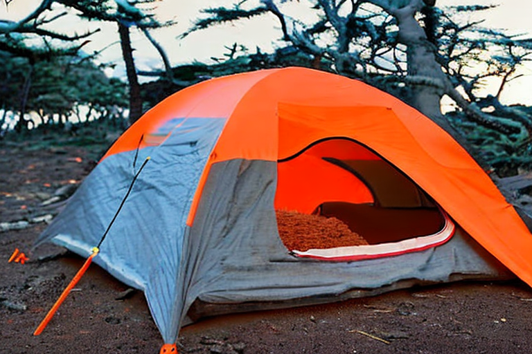 A gray and orange tent sits on a rocky dirt campsite beneath mossy trees. Snow falls softly as the sun sets, painting the sky with warm colors. A deer stands quietly in the distance near the parking spot.