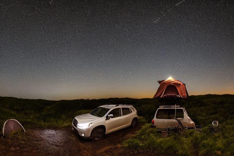 A black Subaru with a rooftop tent rests on a rough beach campsite under a star-filled, rainy sky. A small stream winds through the stones and dirt, with camping chairs nearby. The ocean adds a wild, peaceful feel to the nighttime scene.