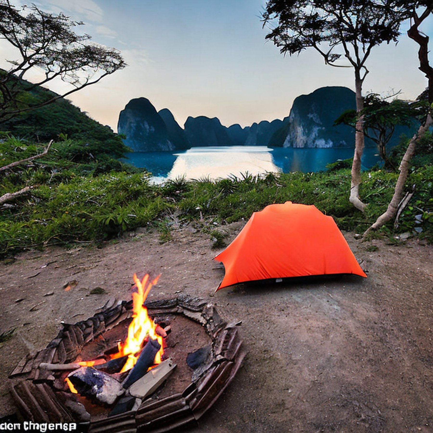 A black tent rests on a quiet dirt campsite in Halong Bay as rain falls beneath a glowing sunset. A mountain rises in the background, while a campfire, berry bush, and winding hiking path add charm to the peaceful scene.