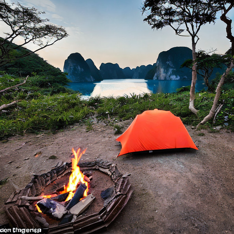 A black tent rests on a quiet dirt campsite in Halong Bay as rain falls beneath a glowing sunset. A mountain rises in the background, while a campfire, berry bush, and winding hiking path add charm to the peaceful scene.