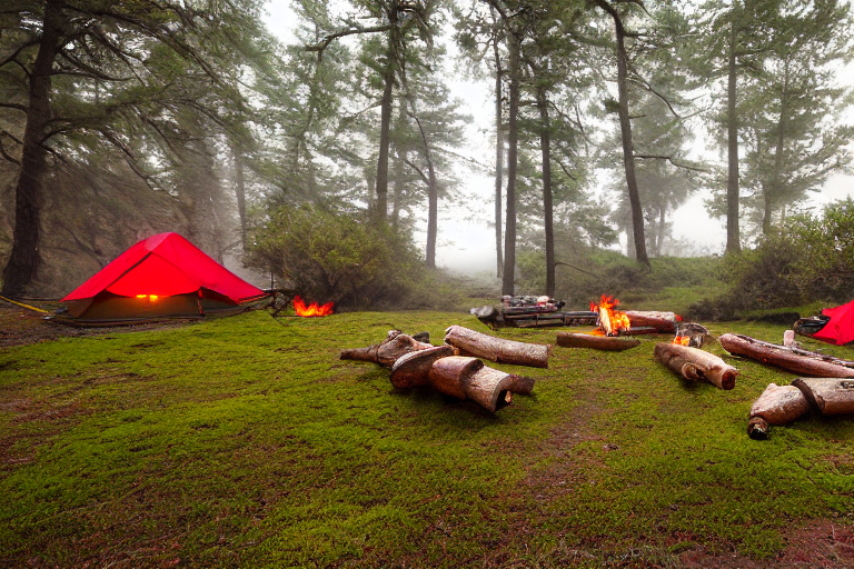Two red-and-white tents sit on a paved campsite as the sun rises through the fog. A warm campfire glows in the center, surrounded by stones and logs. Ferns and mossy trees add a wild, peaceful touch to this Big Bend setting.