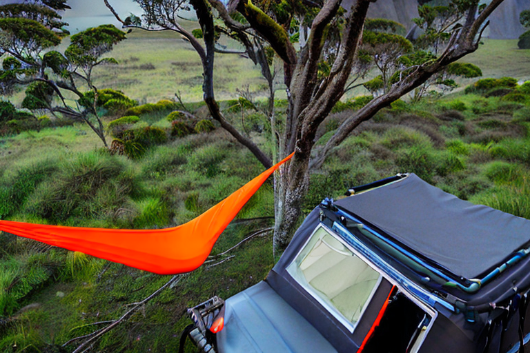 A gray and orange Jeep with its rooftop tent open rests at a rainy campsite in Milford Sound. Tall mountains and misty water create a peaceful dusk setting, with a hammock tied to a nearby tree.