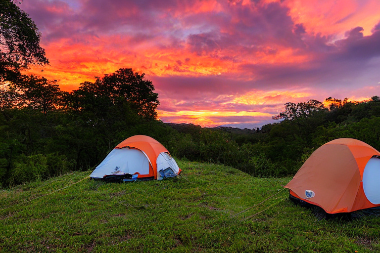 An orange tent rests on a paved campsite as rain falls over the rolling hills. Wet leaves and stone patches surround the dirt clearing, while hikers pass by under the soft sunset sky.