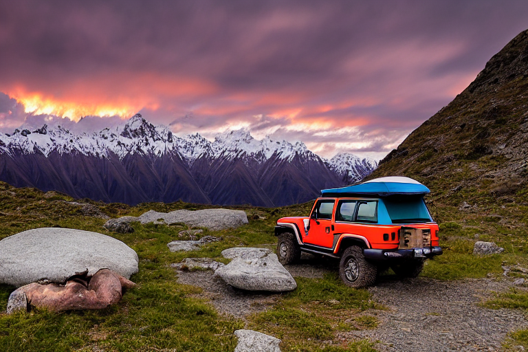 A colorful Jeep with its rooftop tent open rests at a rocky campsite in Mount Cook National Park. Rainy sunset light shines over rolling hills, stone slabs, and rough ground.