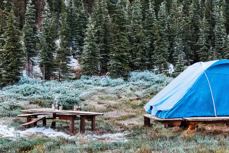 A bright blue tent rests on a dirt patch beside a picnic table at a mountain campsite. Golden light shines through the snowy air, with berry bushes nearby and wide views of the land below. Surfers add a fun, surprising touch to the scene.