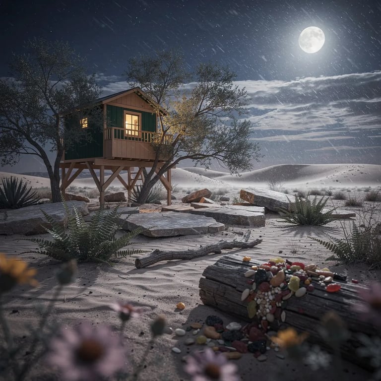 A green-and-tan treehouse rests in the quiet New Mexico desert under a bright full moon. Ferns, wildflowers, stone slabs, and a trail mix-covered log surround the campsite as snow blows across the shifting dunes.