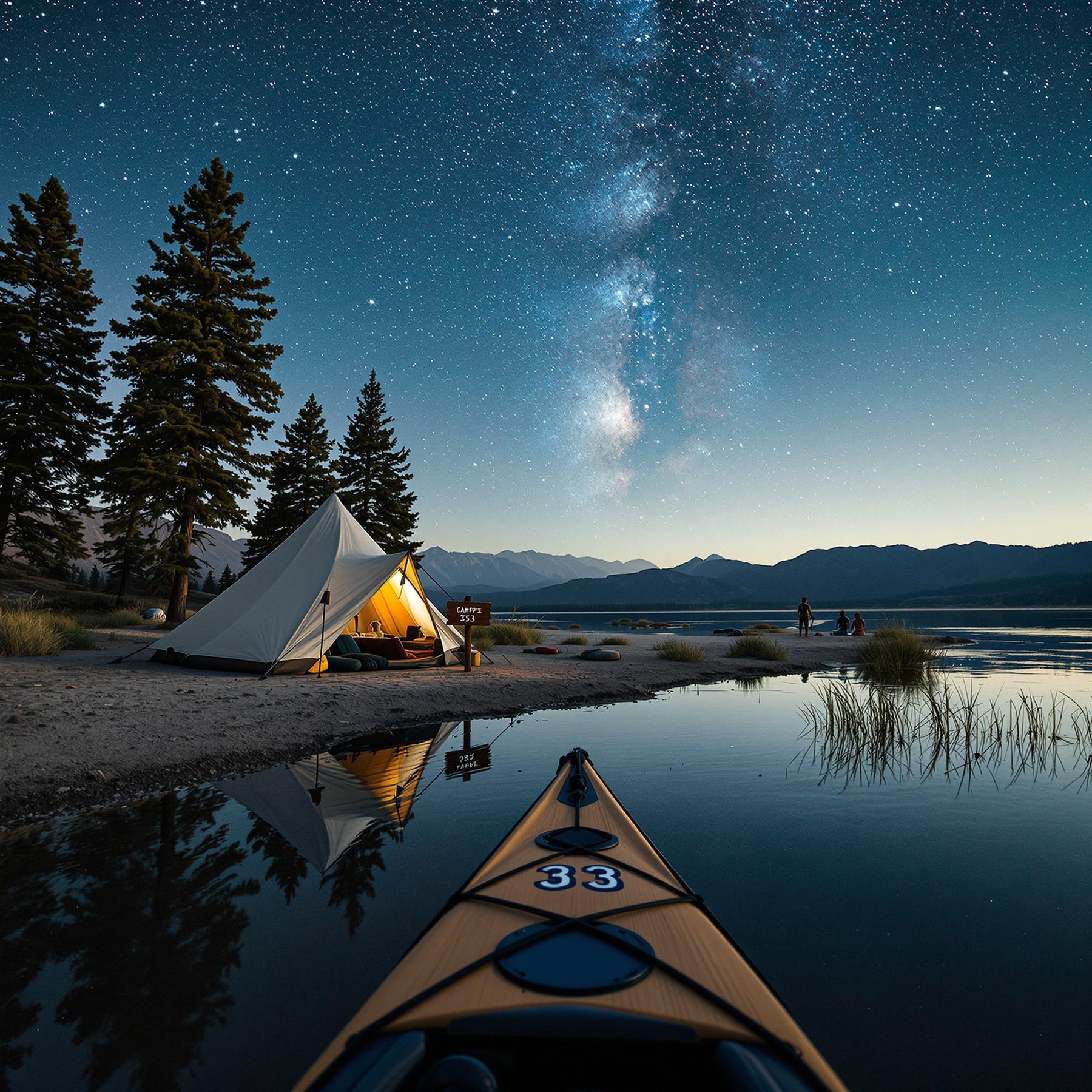 Under a sky full of sparkling stars, a cozy tent glows warmly beside a calm lake. Tall pine trees stand proudly around, and a kayak rests by the water’s edge. It's a peaceful night perfect for campfire stories and gazing at the Milky Way.