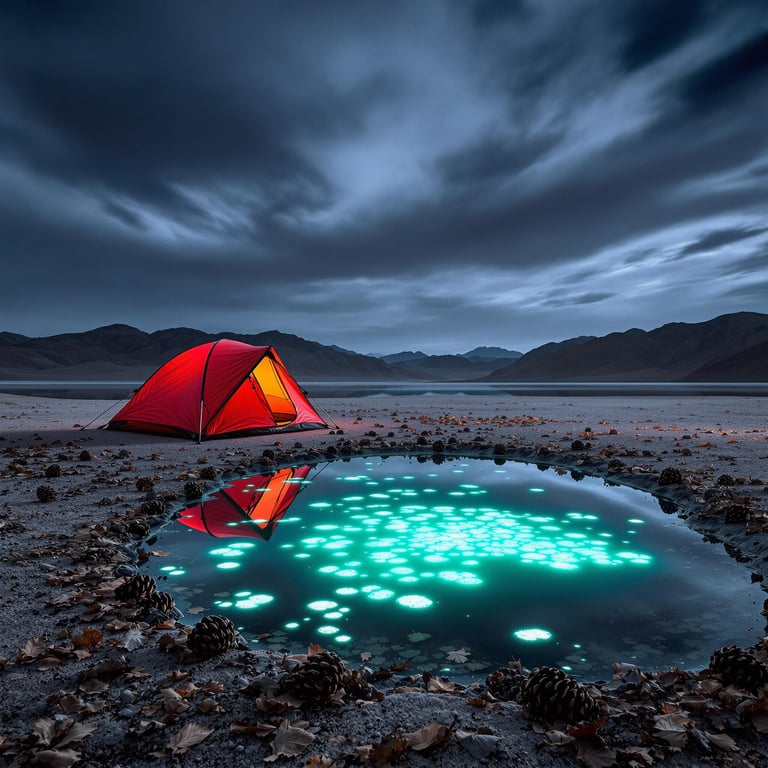 A bright red tent rests among dry leaves and scattered pine cones beneath the rolling hills of Death Valley. Across the pond, its reflection shimmers beside a soft glow from bioluminescent algae.