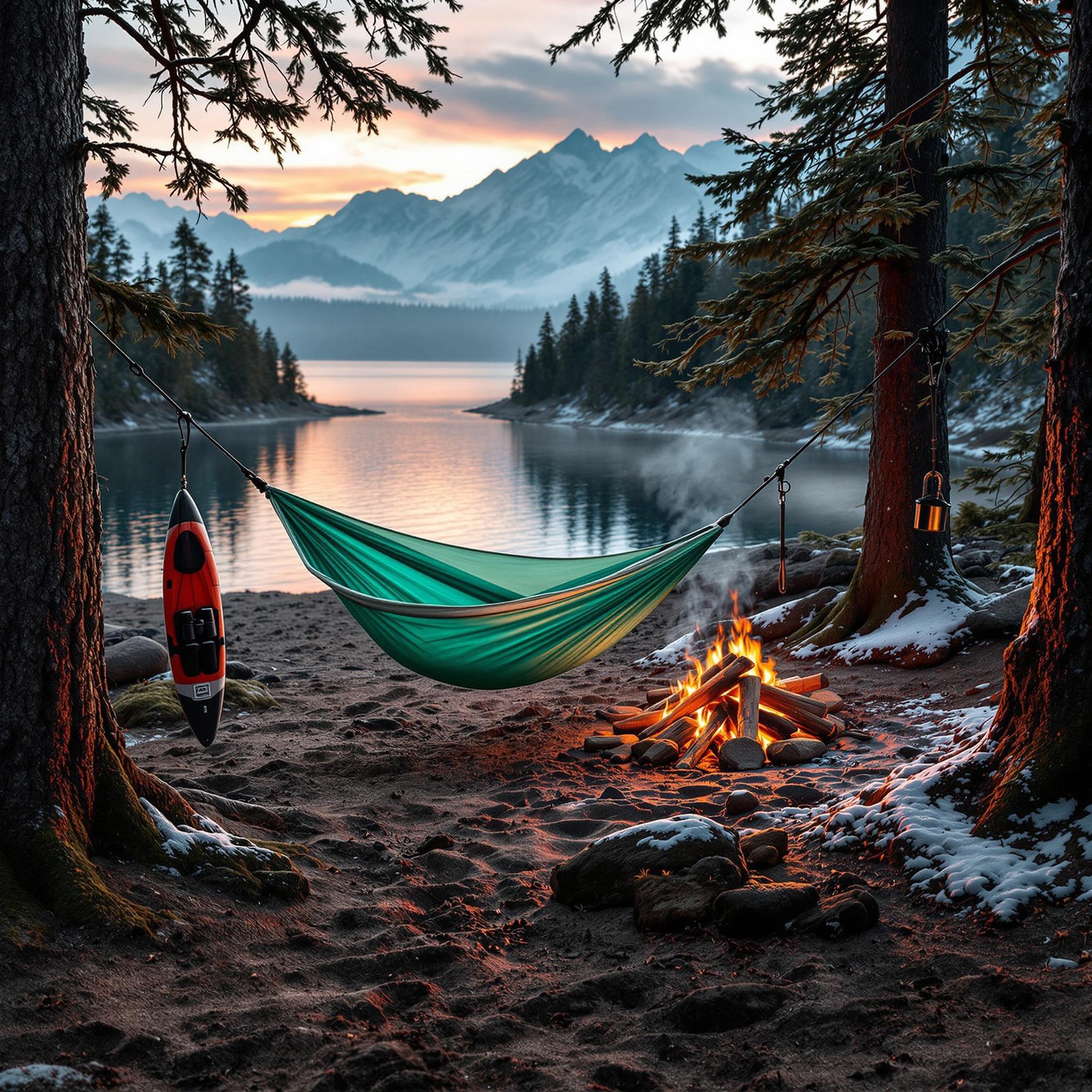 Nestled by a tranquil lake with snow-dusted trees, this cozy campsite invites you to relax in a hammock by the warm glow of a crackling campfire. Majestic mountains rise in the distance, and the orange sunset paints the sky with magic. It’s the perfect spot for a peaceful evening under the stars.