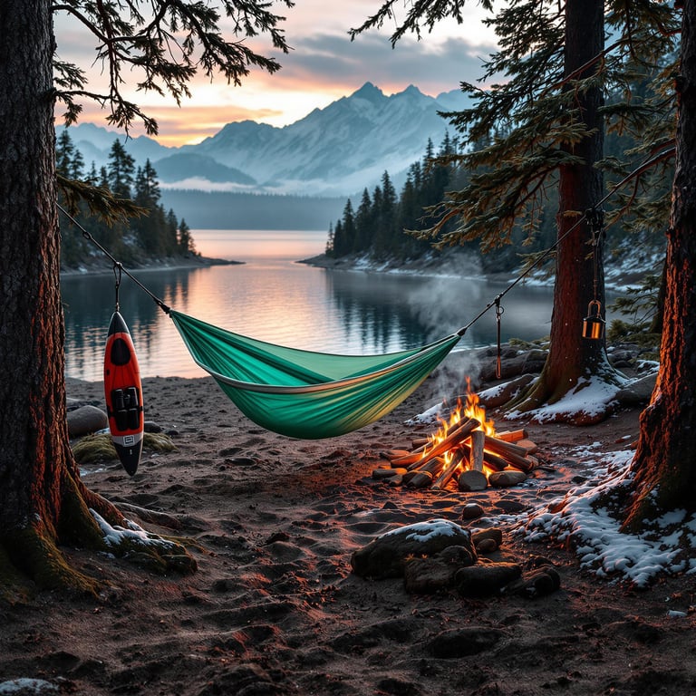 Nestled by a tranquil lake with snow-dusted trees, this cozy campsite invites you to relax in a hammock by the warm glow of a crackling campfire. Majestic mountains rise in the distance, and the orange sunset paints the sky with magic. It’s the perfect spot for a peaceful evening under the stars.