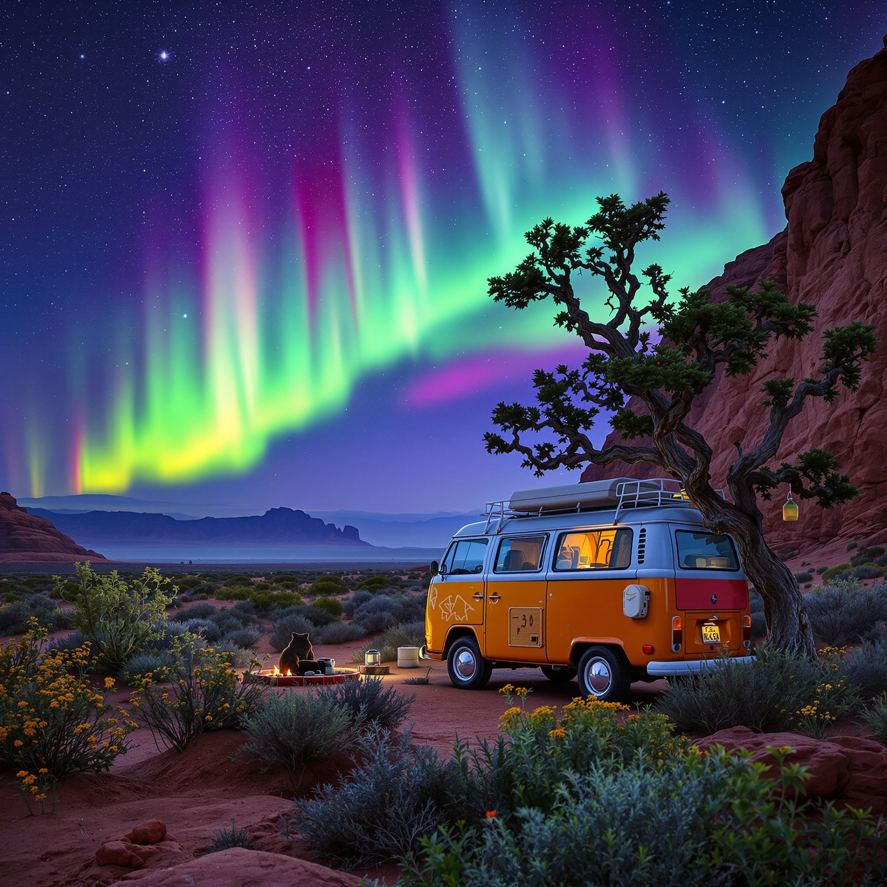 A bright yellow van sits in the desert under colorful northern lights. Wildflowers and twisted trees surround the cozy campsite. The night sky glows with magic and adventure.