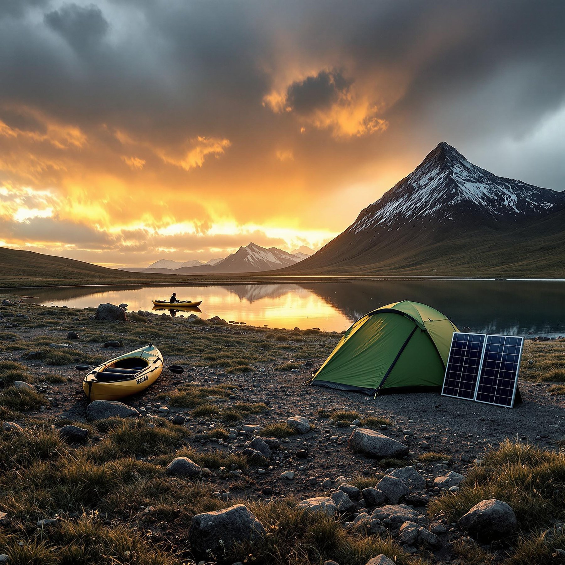A cozy green tent sits by a sparkling lake, with a majestic mountain watching over the scene. The sky glows with a fiery sunset, painting the water in warm colors. Nearby, a kayak rests, ready for new adventures.