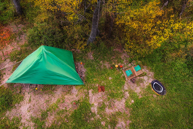 A green tent rests on a paved campsite surrounded by colorful fall trees and small flowers. A hammock hangs between the trees, while a stone-ringed campfire sits nearby. Rainy weather gives the peaceful Plitvice Lakes setting a fresh, cozy feel.