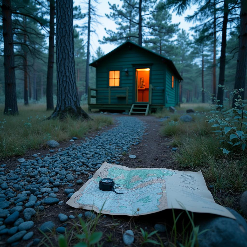 A green cabin rests among overgrown grass and stone patches in Isle Royale National Park. At blue hour, a trail marker guides hikers through the quiet campsite, while a map and compass sit nearby. Gentle breezes stir the wild grass.