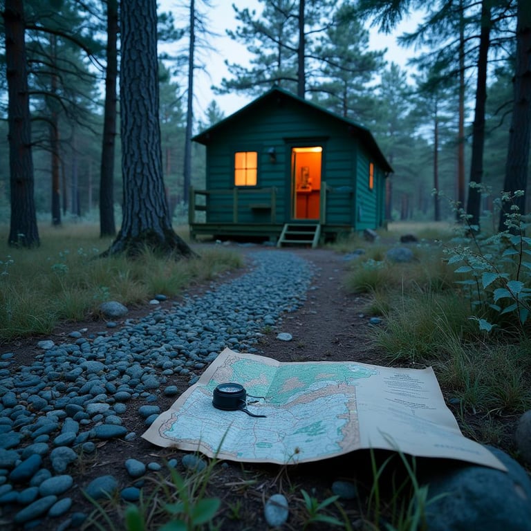 A green cabin rests among overgrown grass and stone patches in Isle Royale National Park. At blue hour, a trail marker guides hikers through the quiet campsite, while a map and compass sit nearby. Gentle breezes stir the wild grass.
