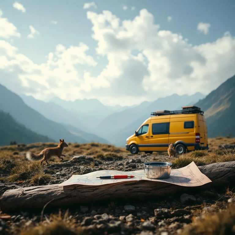 A bright yellow van rests at a scenic overlook beneath a wide, cloudy sky. A squirrel dashes across the ground while a deer stands far away. Nearby, a compass sits on a map beside a small twig.