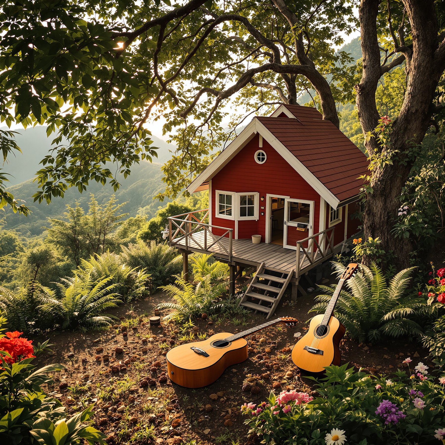 This cozy red cabin sits on a hillside surrounded by big trees and bright flowers. Two guitars rest on the ground, ready for campfire songs. The fresh air and mountain views make it a perfect spot to relax and play.