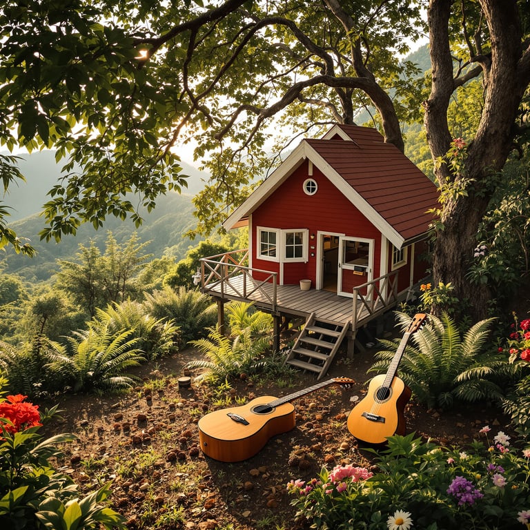 This cozy red cabin sits on a hillside surrounded by big trees and bright flowers. Two guitars rest on the ground, ready for campfire songs. The fresh air and mountain views make it a perfect spot to relax and play.