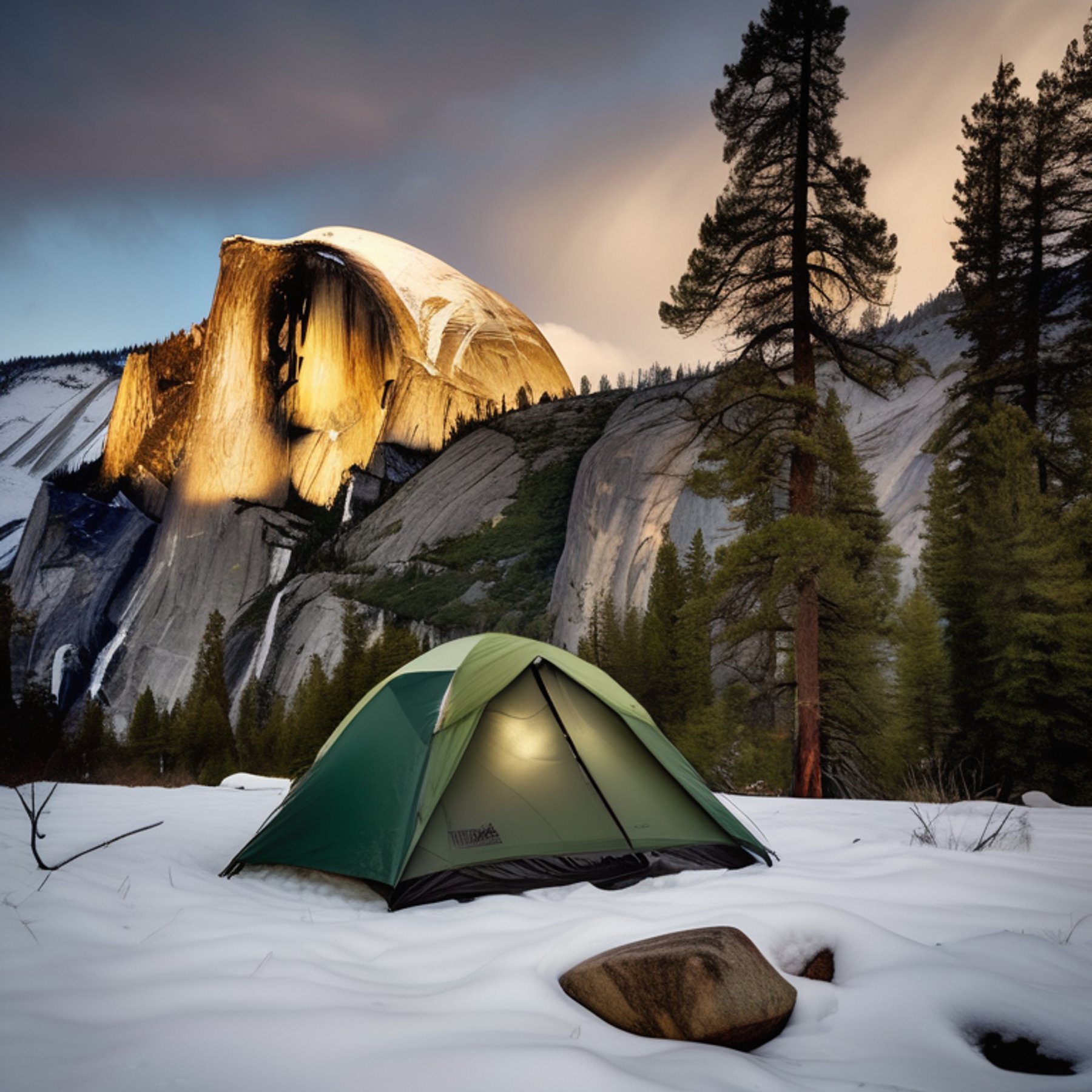A green camo tent rests on a rough dirt clearing in snowy Yosemite. Hikers gather around a warm campfire as small trees and tall mountains fade into the cool dusk.