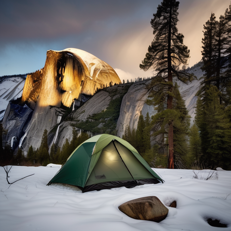 A green camo tent rests on a rough dirt clearing in snowy Yosemite. Hikers gather around a warm campfire as small trees and tall mountains fade into the cool dusk.