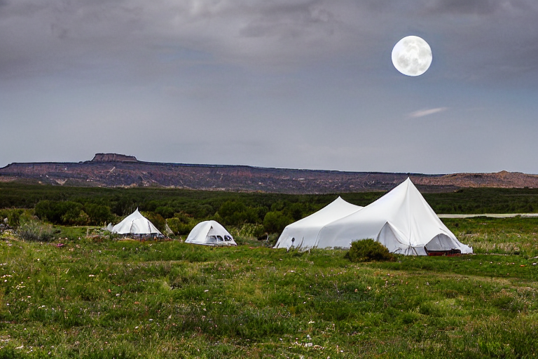 A white tent rests on a paved campsite in Capitol Reef National Park. Large bushes, bright flowers, and rolling hills surround the quiet dirt clearing. Soft clouds drift above, with a faint moon shining in the distance.
