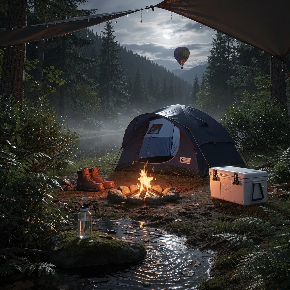 A navy blue tent sits on muddy ground in a thick, wet forest beside a narrow stream. Cool moonlight and a little mist make the leaves shine, while a small fire glows warm under a tarp. Boots and a cooler rest near the camp, and a water bottle sits on a rock by the water. Far away above the dark ridge, a tiny hot air balloon floats in the night.