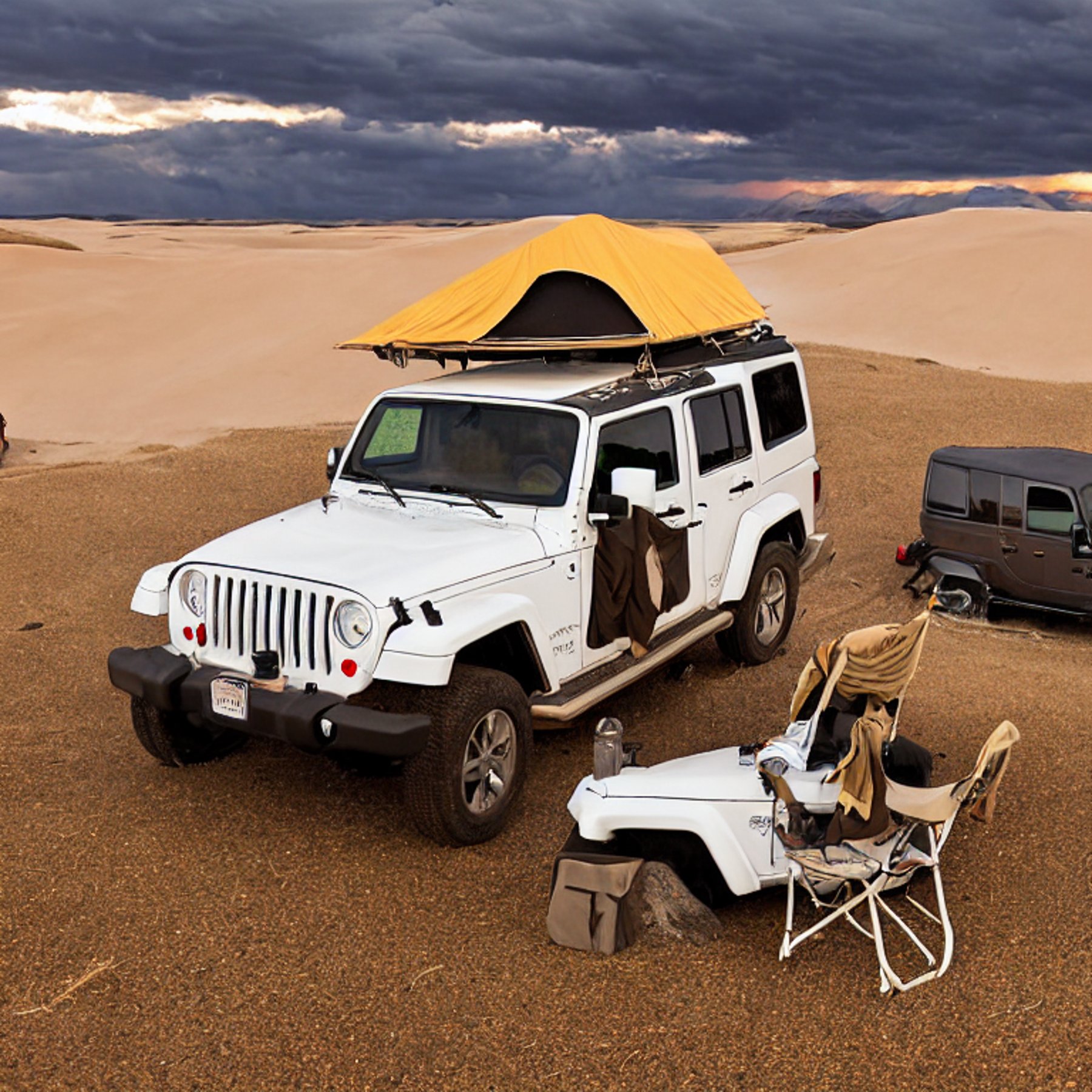 A white Jeep with a rooftop tent rests on a sandy campsite beneath a cloudy sunset sky. A dirt path winds through the dunes, while clothes hang from a nearby line and a deer watches from far away.