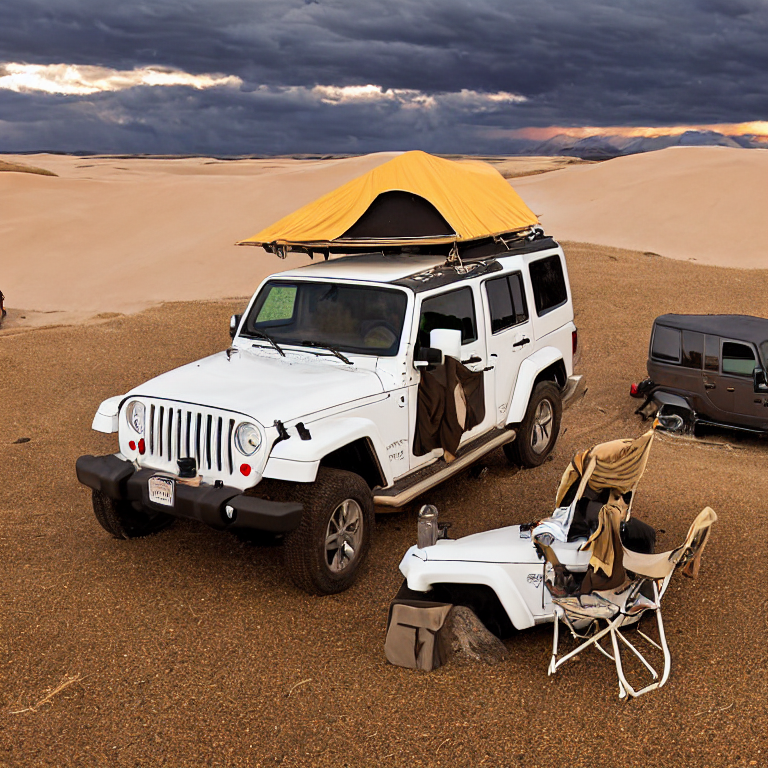 A white Jeep with a rooftop tent rests on a sandy campsite beneath a cloudy sunset sky. A dirt path winds through the dunes, while clothes hang from a nearby line and a deer watches from far away.