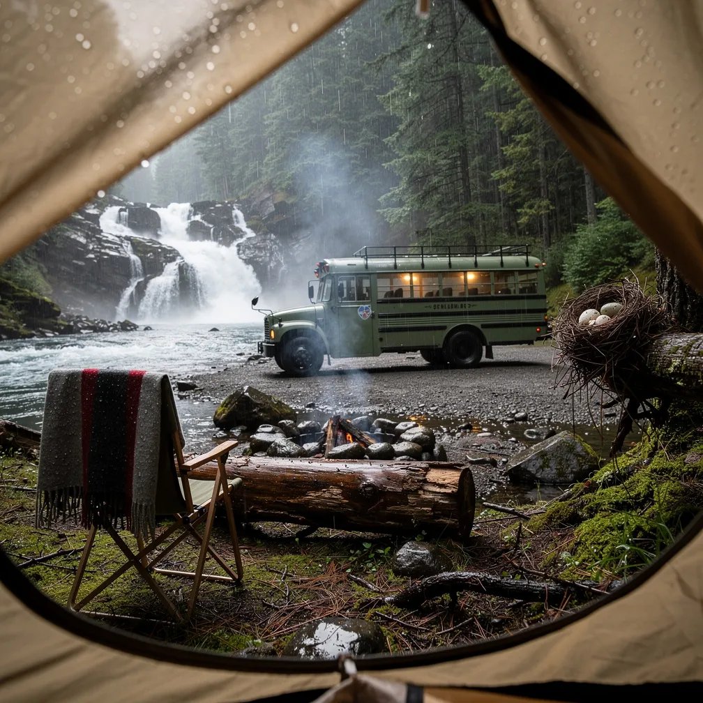 Rain taps on the tent flap as you look out at a misty forest and a rushing waterfall. Wet stones shine, and tall evergreen trees fade into the cool gray air. An army-green bus sits near the falls beside a smoky fire ring and a big log seat. A cozy chair with a wool blanket waits nearby, and a tiny bird’s nest hides in the branches.