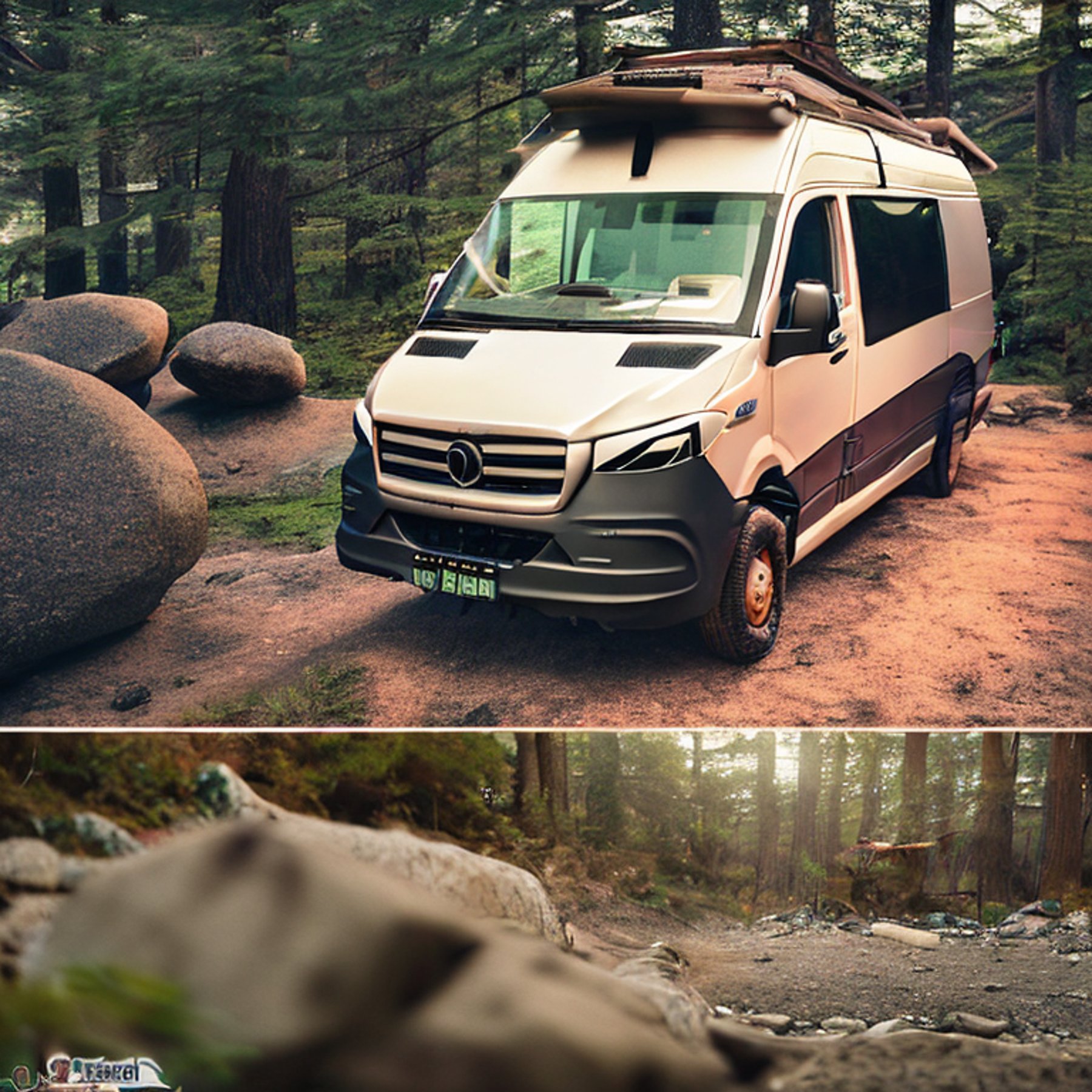 A forest-green van rests on a rocky campsite in Miyajima, Japan. A warm campfire glows on the dirt as fog drifts through the trees and sunset colors fill the sky. Boulders and nearby surfers add to the wild, peaceful scene.