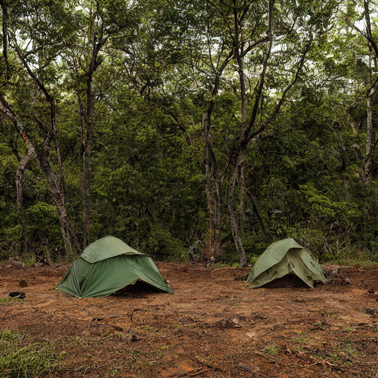 A green camo tent rests on a dirt campsite beneath tall trees in Hawaii. Large stone slabs and logs circle a warm campfire, while stormy dusk clouds darken the sky. Colorful fall leaves add a cozy touch to the wild setting.