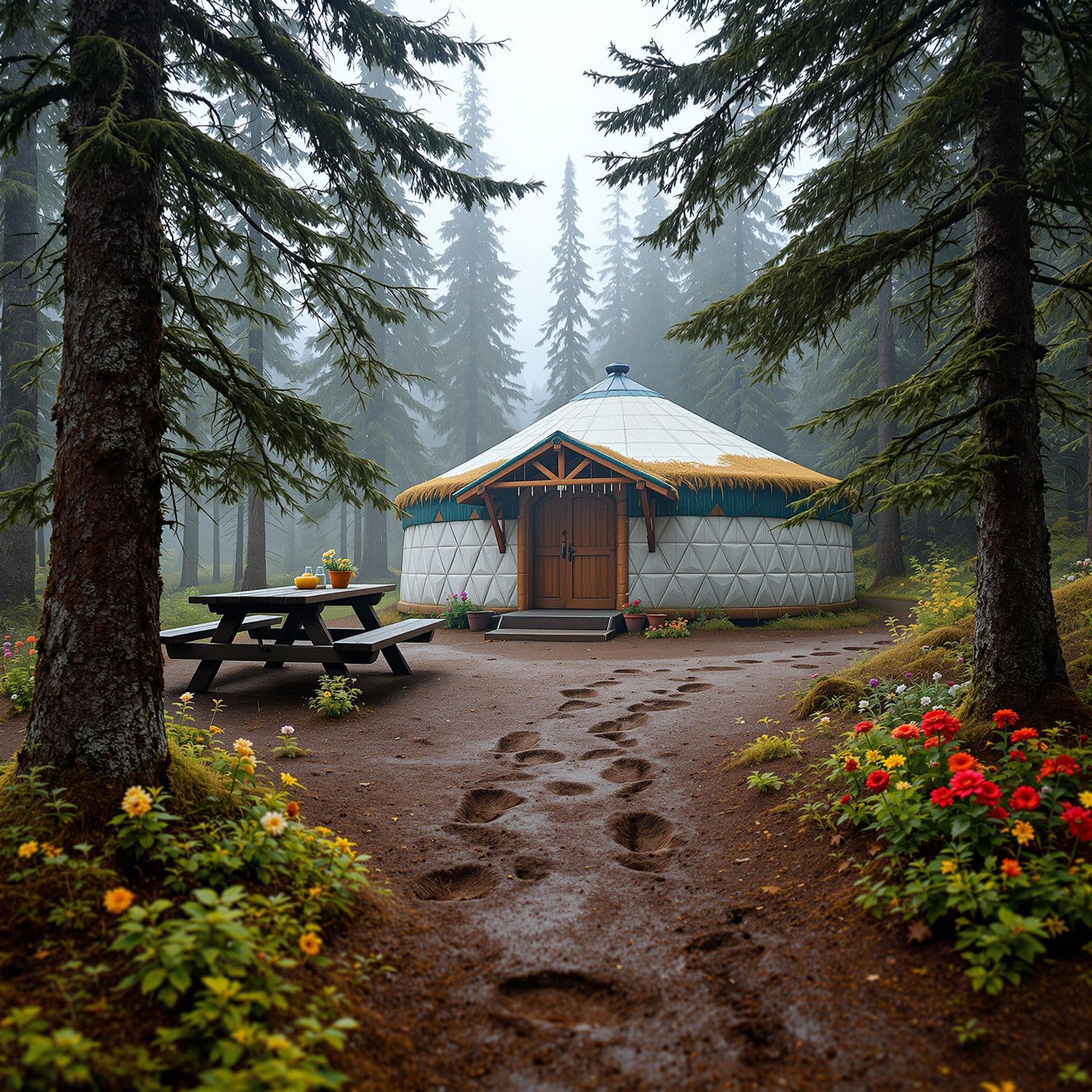 In the heart of a misty forest, a cozy yurt stands surrounded by tall, whispering trees. Bright flowers and a friendly picnic table welcome campers. Footprints lead you on an adventure through this magical woodland hideaway.