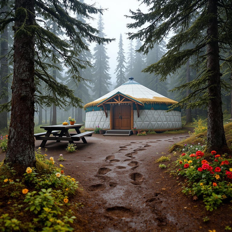 In the heart of a misty forest, a cozy yurt stands surrounded by tall, whispering trees. Bright flowers and a friendly picnic table welcome campers. Footprints lead you on an adventure through this magical woodland hideaway.
