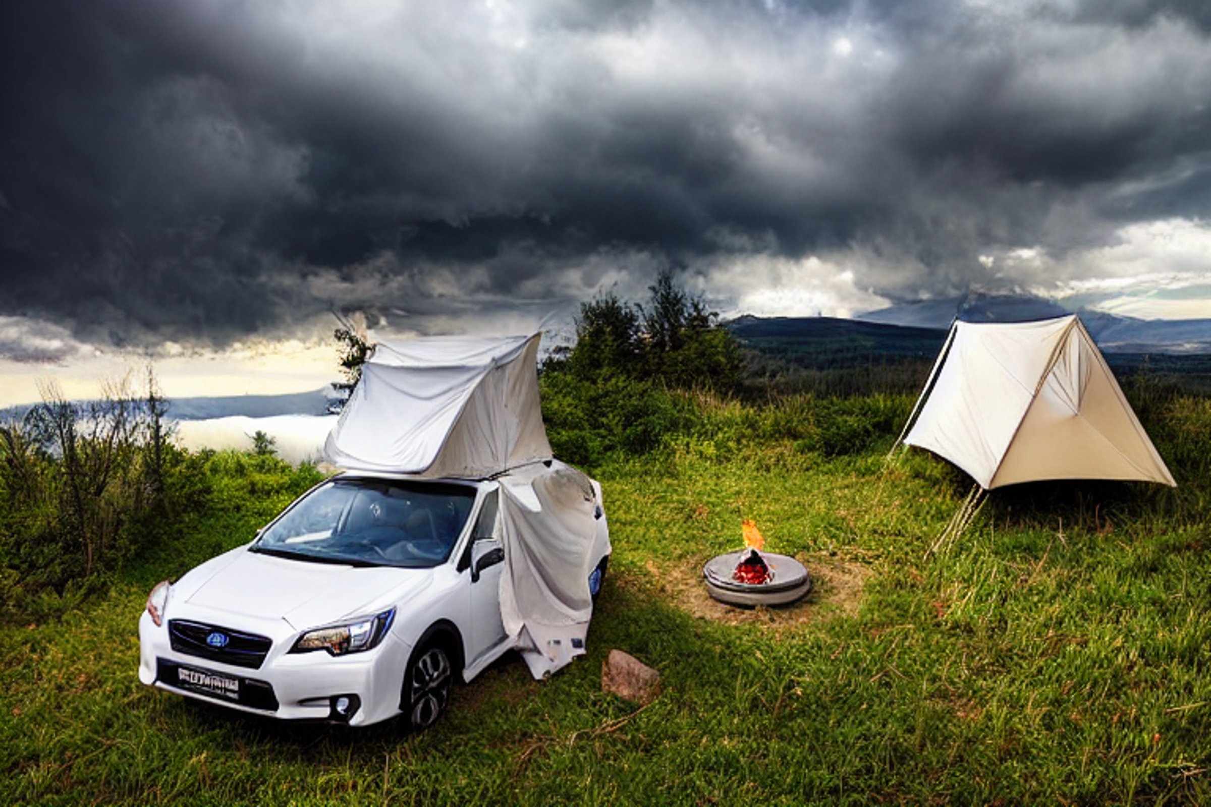 A white Subaru with a rooftop tent rests beside a warm campfire on a mountain campsite. Tall grass, scattered stones, and a dirt path surround the cozy spot, while clothes hang from a nearby line. Above, stars shine through the stormy night sky.
